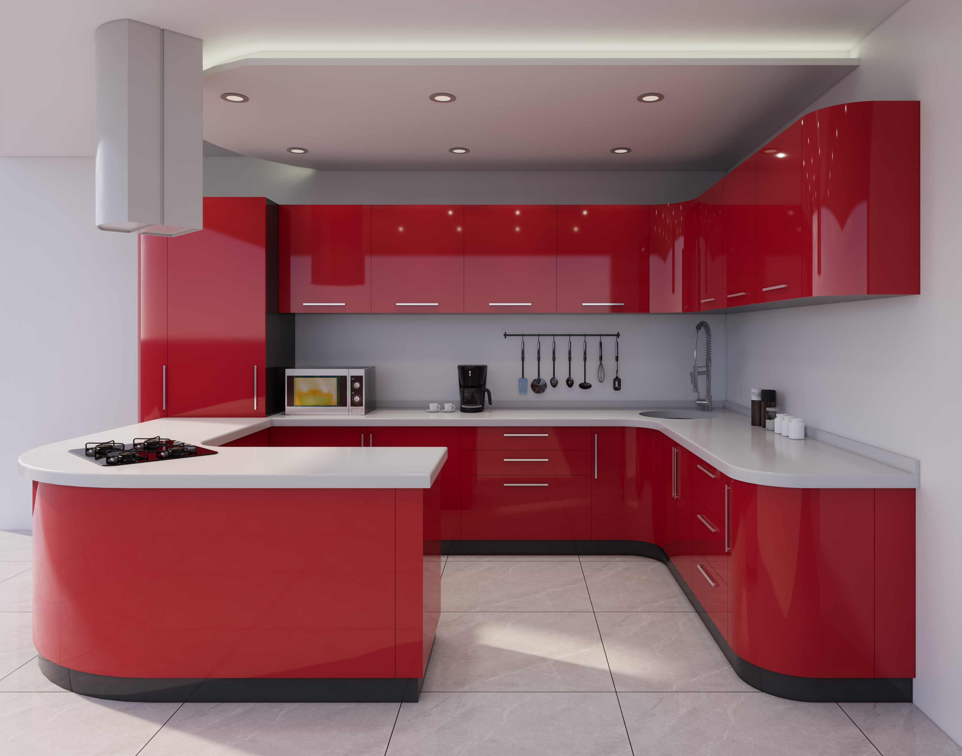 Contemporary Curved Shaped Ready to Assemble red Lacquer Kitchen Cabinets with Island