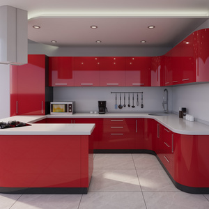 Contemporary Curved Shaped Ready to Assemble red Lacquer Kitchen Cabinets with Island