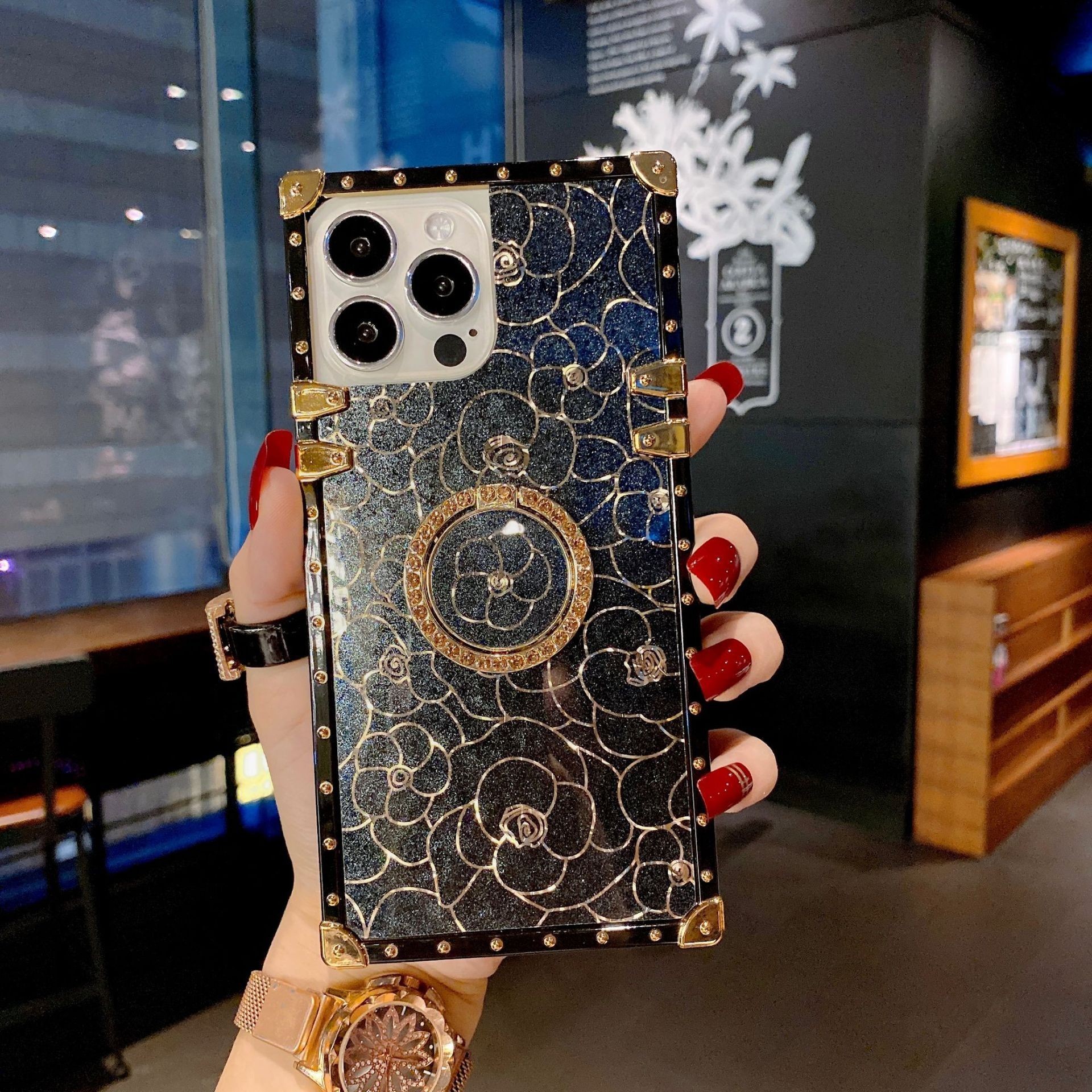 Luxury European and American style square fancy design for iPhone 14 13 12 11pro Max phone case for Apple Ring holder phone case