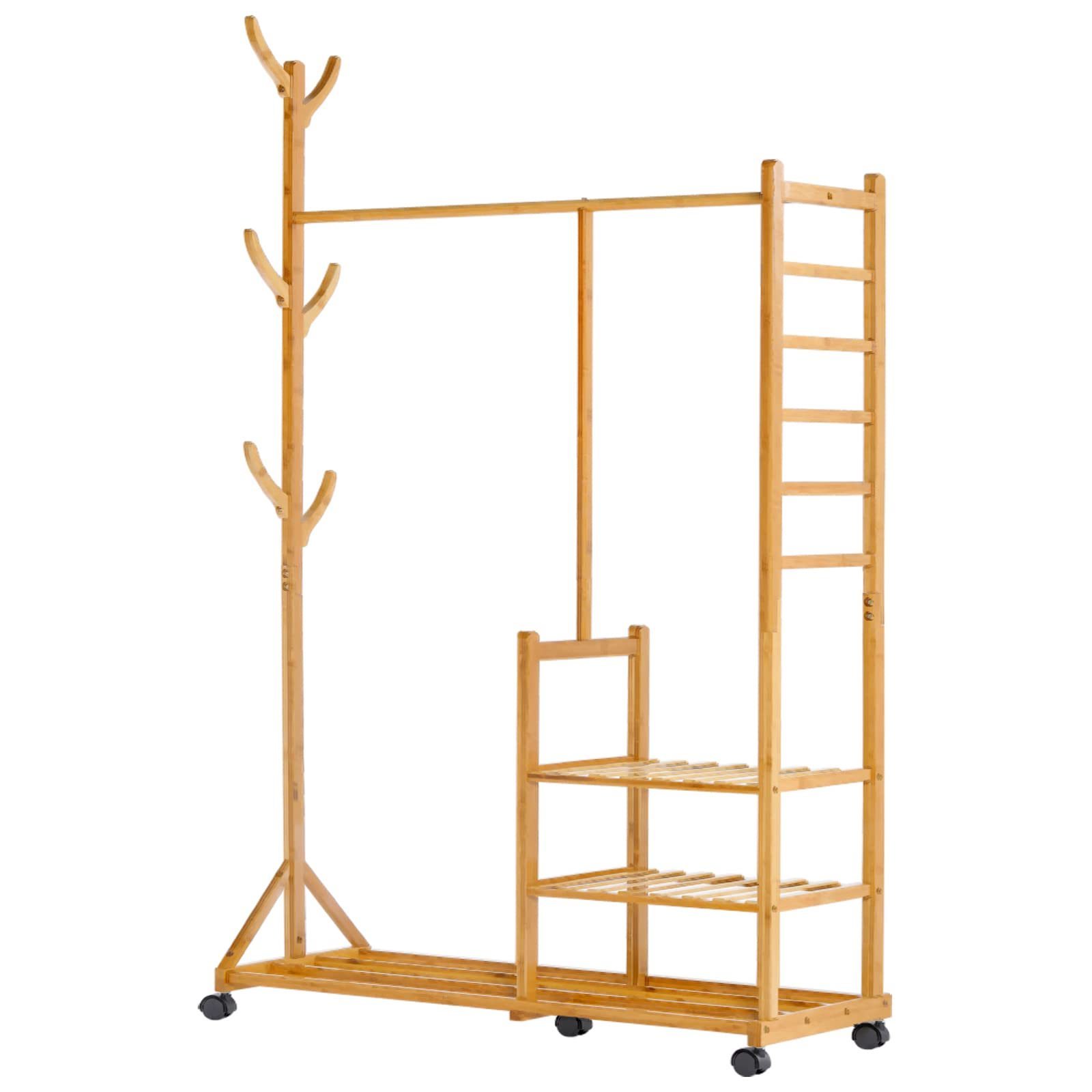 Wholesale Bamboo Wooden Hanging Clothes Display Rack Coat Stand Clothes Rack With Wheels Eight Hook