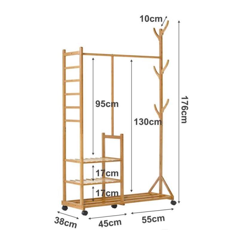 Wholesale Bamboo Wooden Hanging Clothes Display Rack Coat Stand Clothes Rack With Wheels Eight Hook