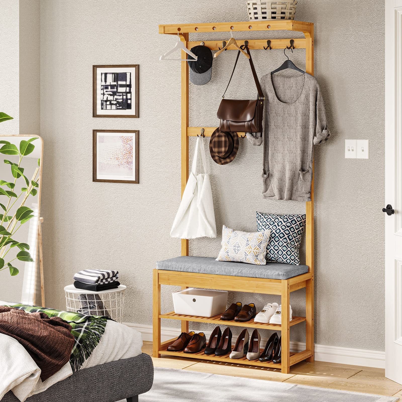 Wholesale Price Standing Coat Rack  5 Tier Shoe Rack Bamboo Cloth Coat Racks