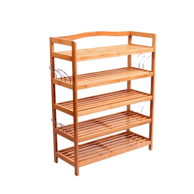 5-Tier Bamboo Shoe Rack Multifunctional Free Standing Shoe Shelf Storage Online With Hanging Hooks