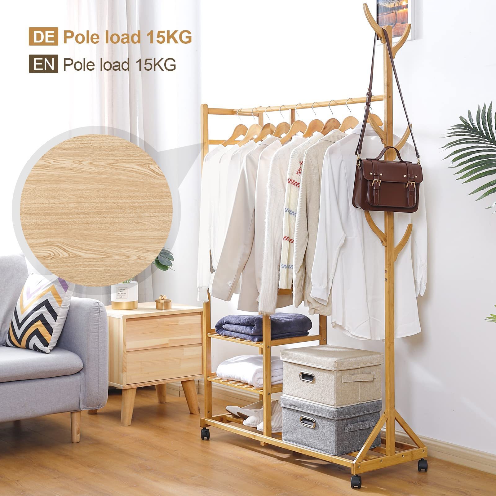 New Removable Display 6 Hooks 3 Shelves Free Standing Garment Hanging Rails  Bamboo Clothes Racks And Stands