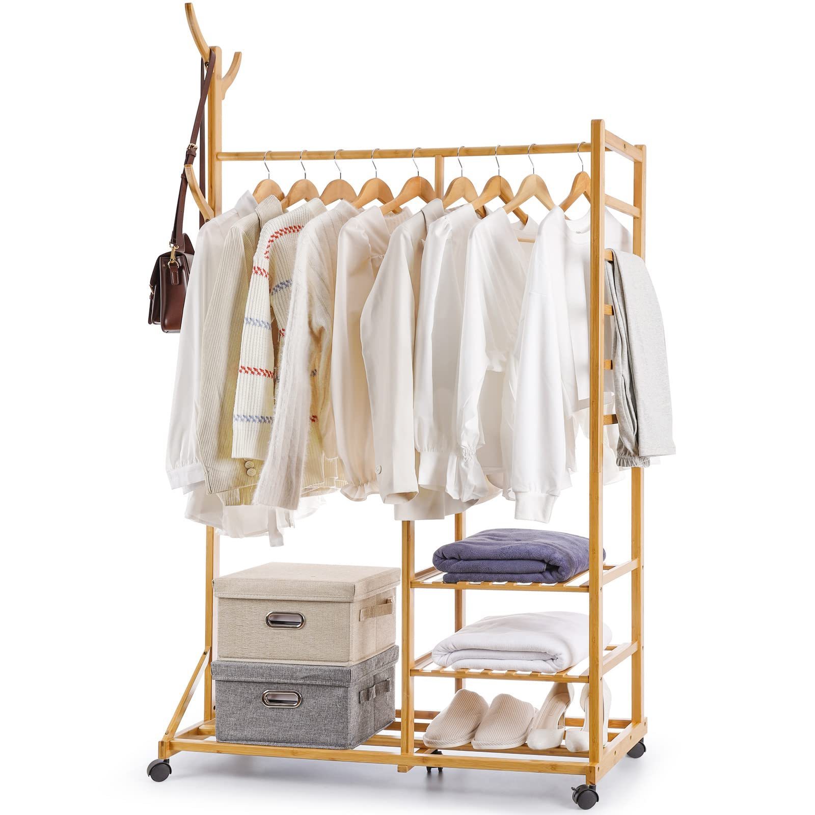 New Removable Display 6 Hooks 3 Shelves Free Standing Garment Hanging Rails  Bamboo Clothes Racks And Stands