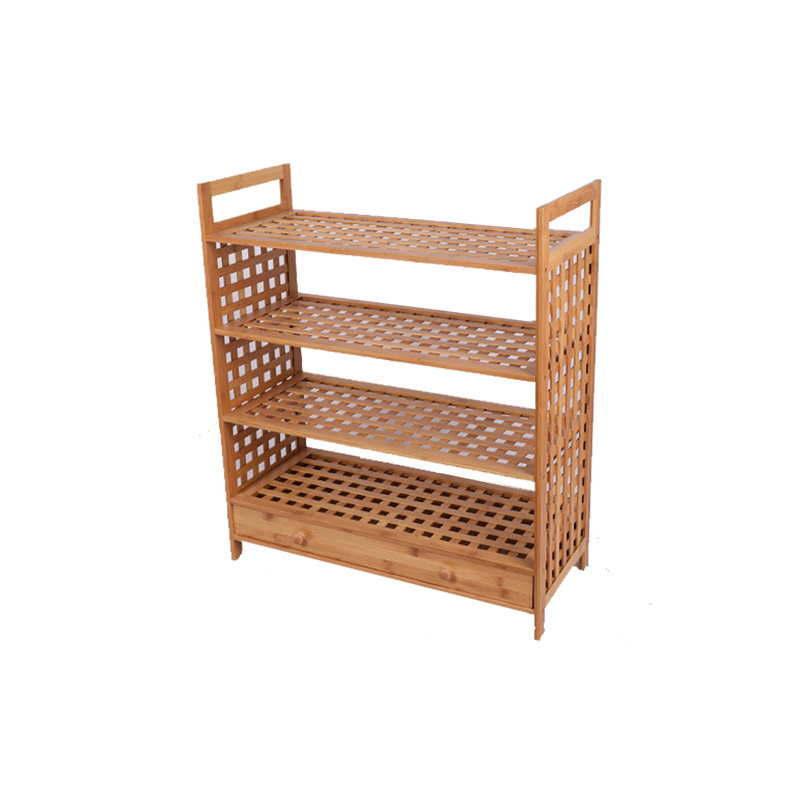 New Arrival Multifunction Display Rack Bamboo Wooden 4 Tiers Lattice Shoe Rack With Drawer Shoe Organizer