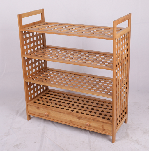 New Arrival Multifunction Display Rack Bamboo Wooden 4 Tiers Lattice Shoe Rack With Drawer Shoe Organizer