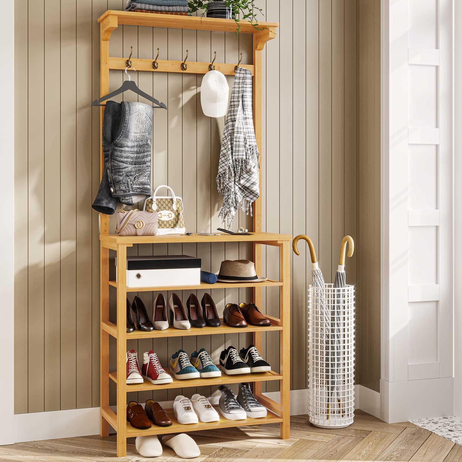 High Quality 5 Tier Shoe Rack wall hooks bamboo standing coat rack