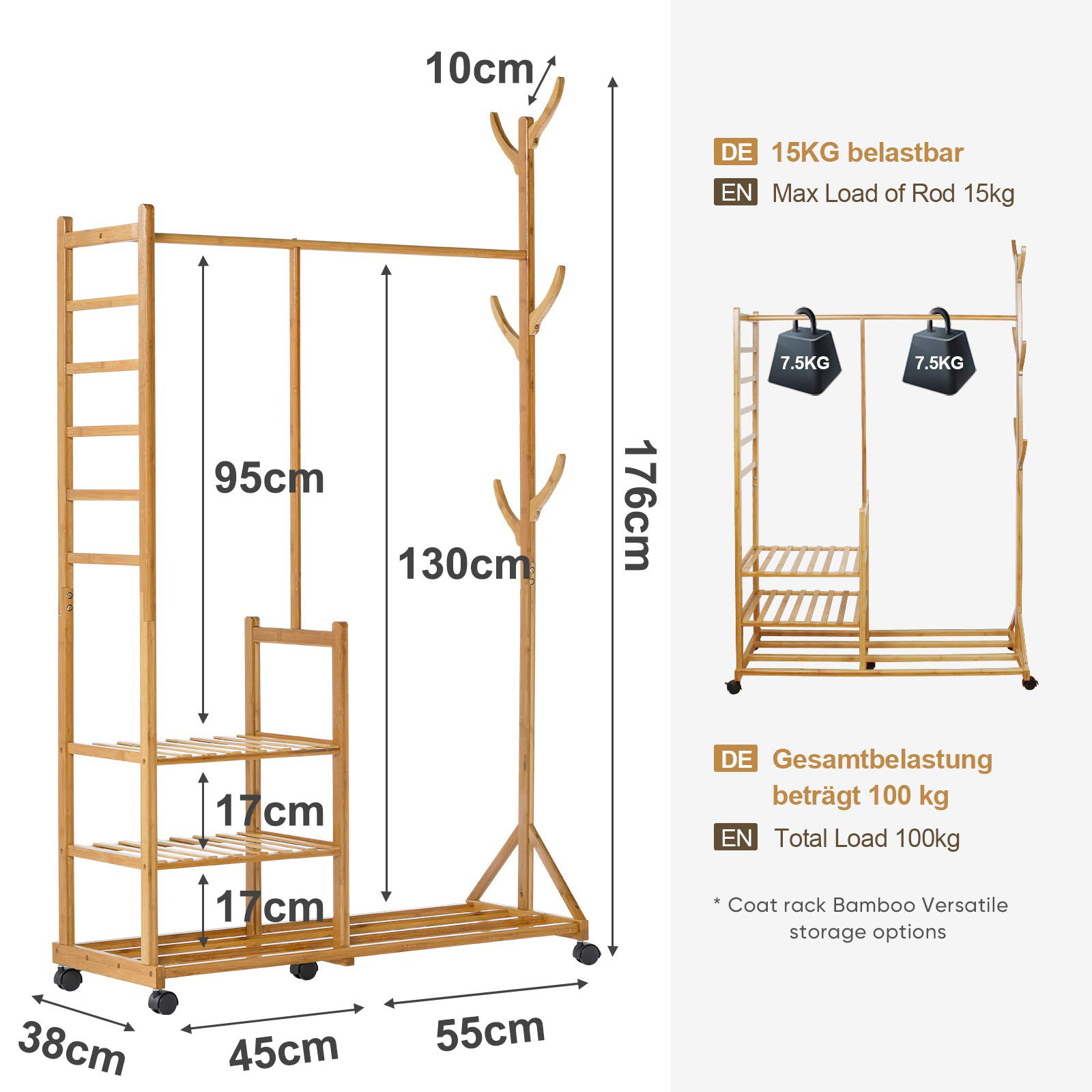 New Removable Display 6 Hooks 3 Shelves Free Standing Garment Hanging Rails  Bamboo Clothes Racks And Stands