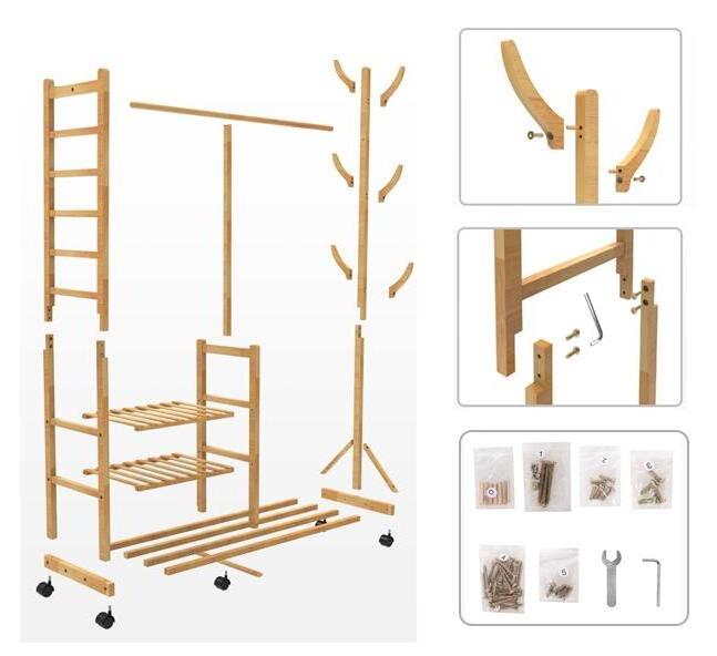 Wholesale Bamboo Wooden Hanging Clothes Display Rack Coat Stand Clothes Rack With Wheels Eight Hook