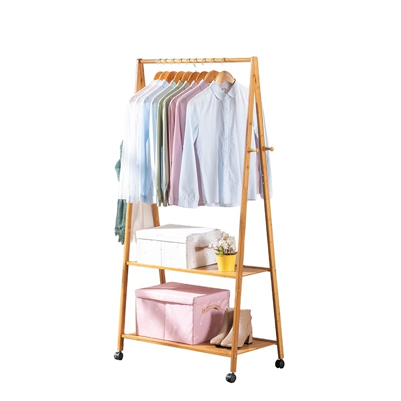 Freestanding Bedroom Simple Hat Clothes Rack Stand Bamboo Household Hanging Colth Rack With Wheels