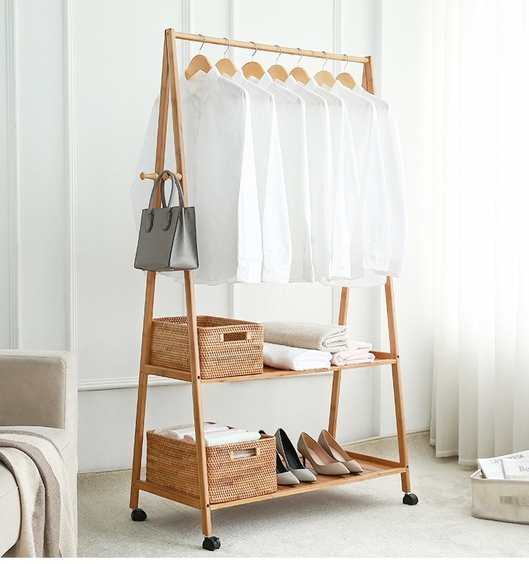 Hot Sale Simple Assembly Bedroom Bamboo Clothing Rack Double Layer Hanging Clothes Rack With Wheels