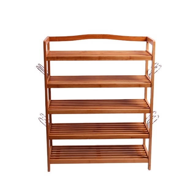 5-Tier Bamboo Shoe Rack Multifunctional Free Standing Shoe Shelf Storage Online With Hanging Hooks