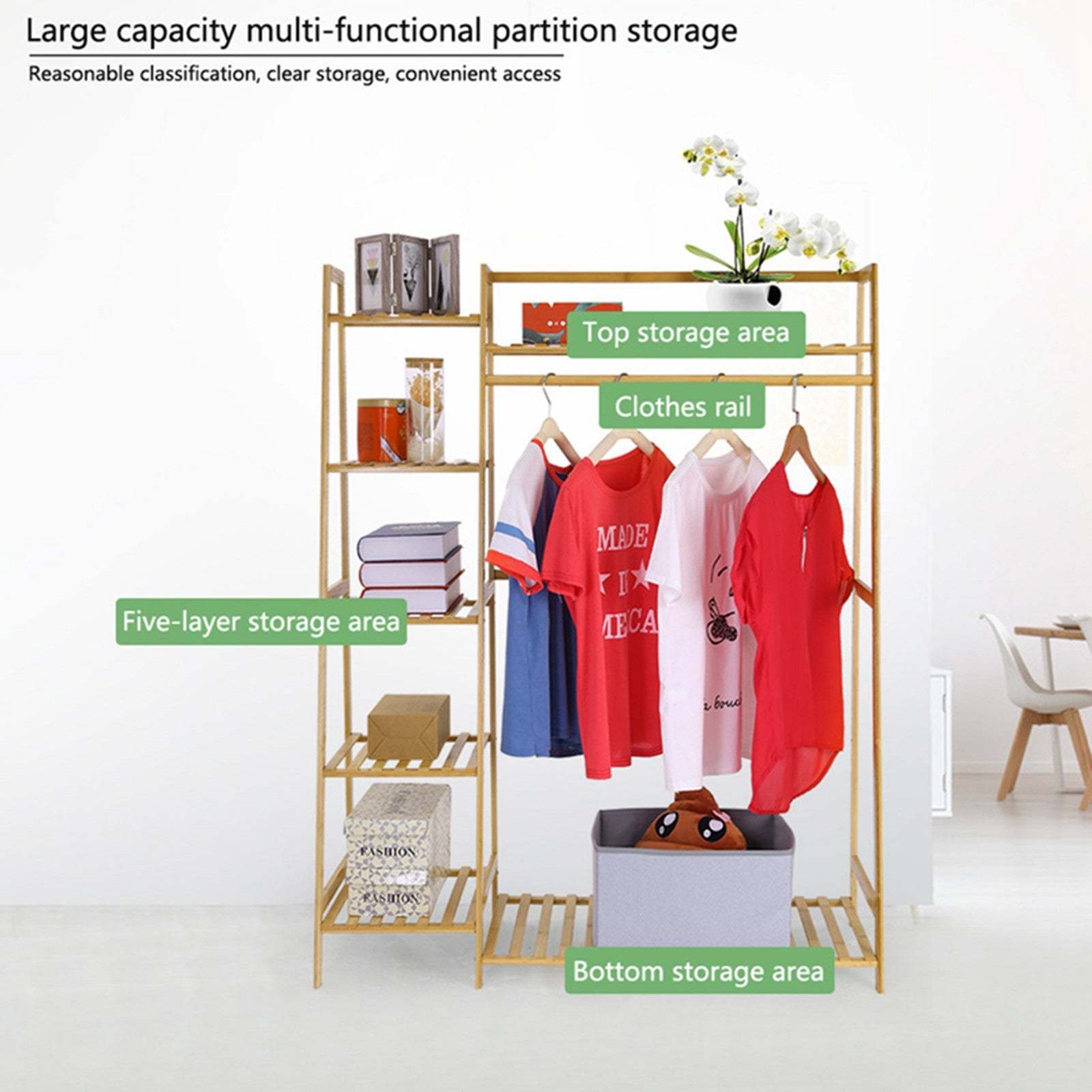 Custom Minimalism Garment Bamboo Multi Layer Storage Shelves Heavy Duty Clothing Rack  Wardrobe Closet Organizer