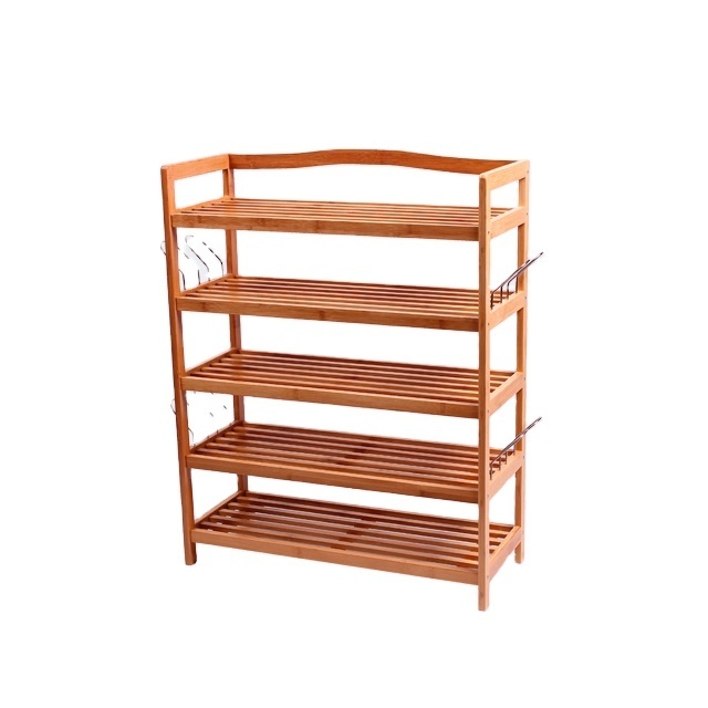 5-Tier Bamboo Shoe Rack Multifunctional Free Standing Shoe Shelf Storage Online With Hanging Hooks