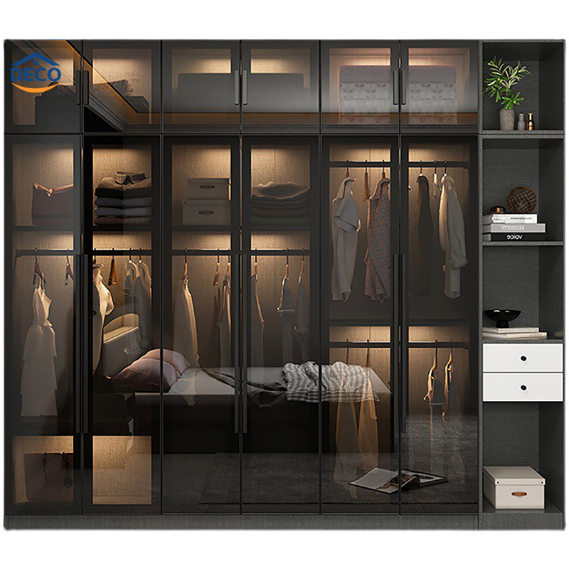 Luxury Built-in Wardrobe Multi-Functional closet Clothing Storage Solutions Glass Door Wardrobe with Lighting and Drawer Storage