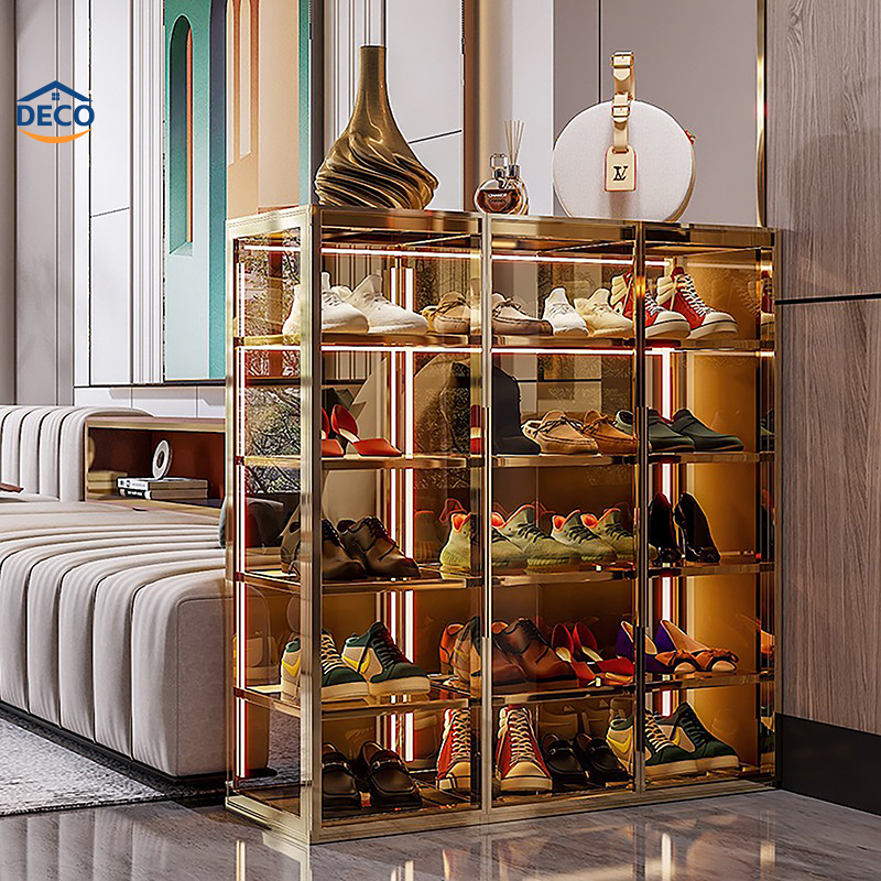 Luxury Glass Living Room Furniture Shoe Rack Entry Door Display Showcase Shoe Cabinet with LED Light