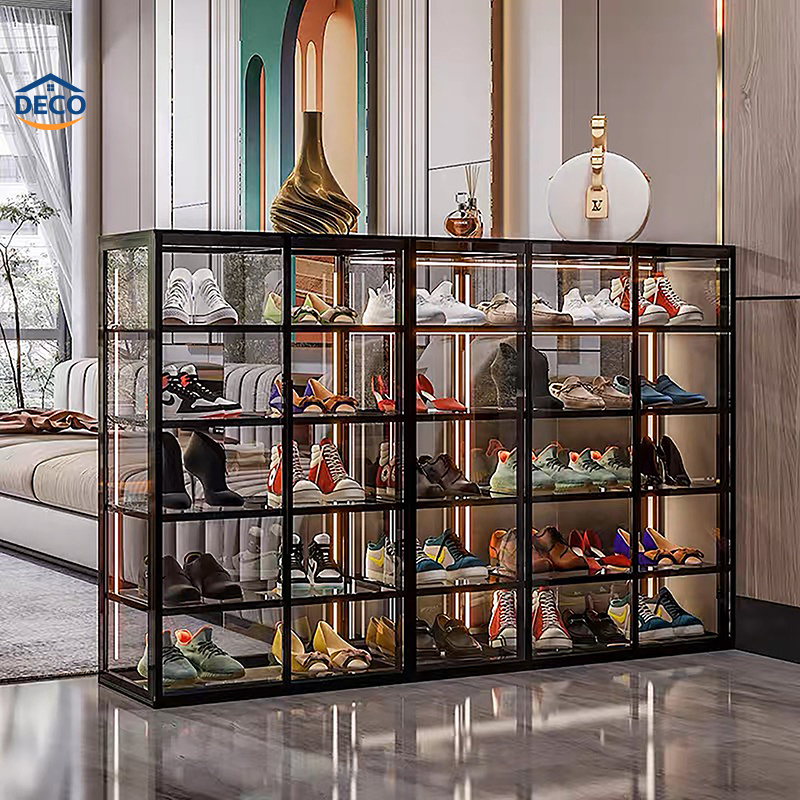 Luxury Glass Living Room Furniture Shoe Rack Entry Door Display Showcase Shoe Cabinet with LED Light