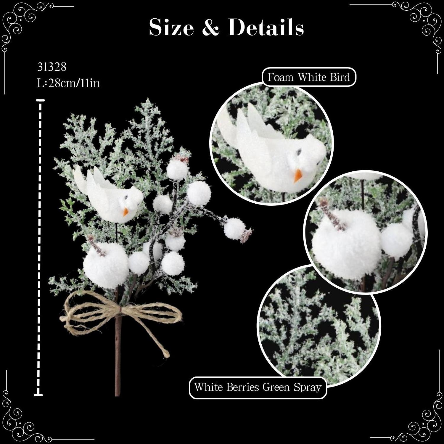 Artificial Frosted Assorted White Berries Snowy EverGreen Cedar Spray Small White Bird and Apple Christmas Tree Spray Picks