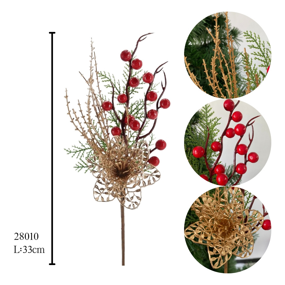 Hot Sale Christmas Decorations Artificial Golden Poinsettia with Red Berry and Cedar Christmas Tree Spray