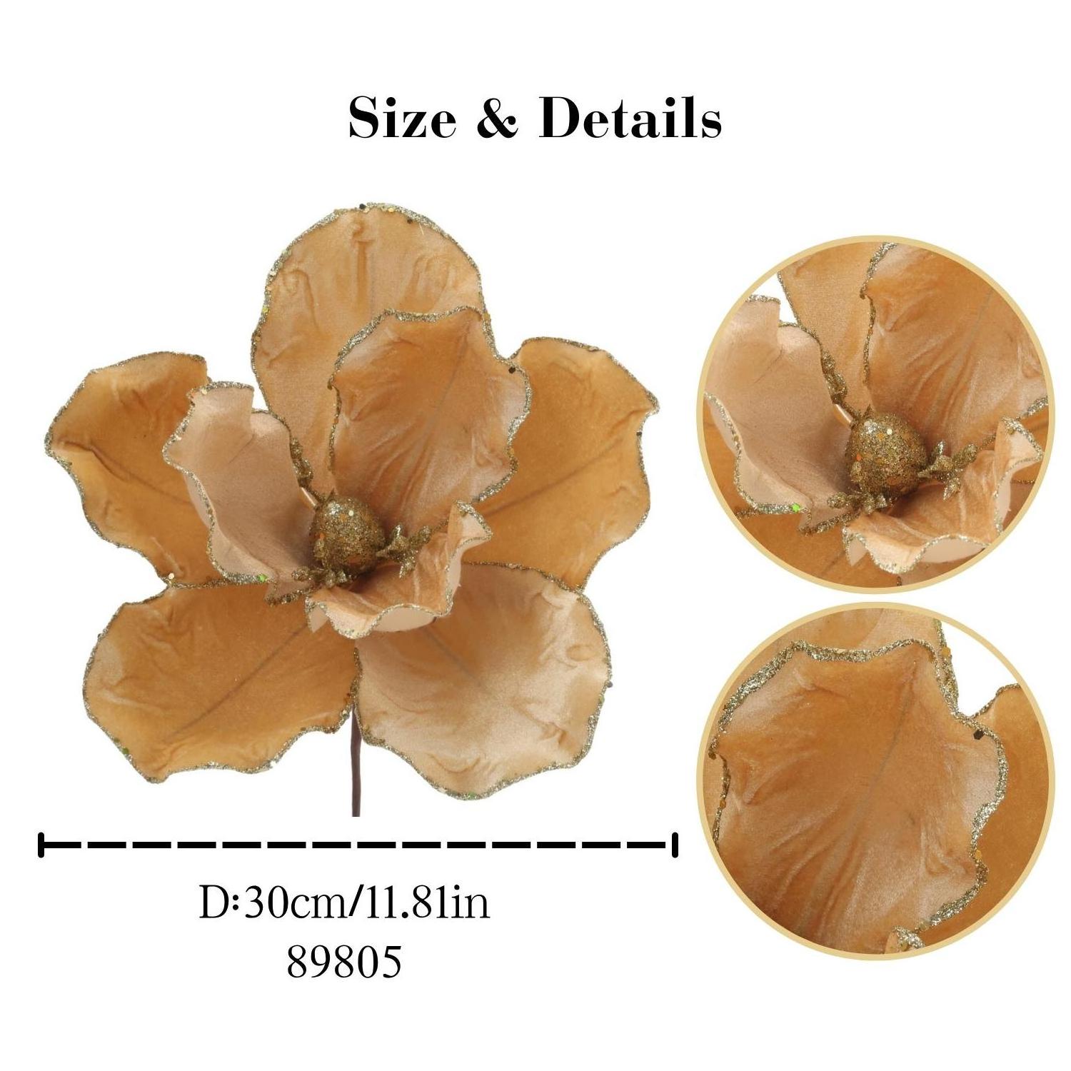 New Year Decoration Decorative Magnolia Floral Picks Gloden Glitter Dusty Orange Velvet Magnolia Christmas Flowers