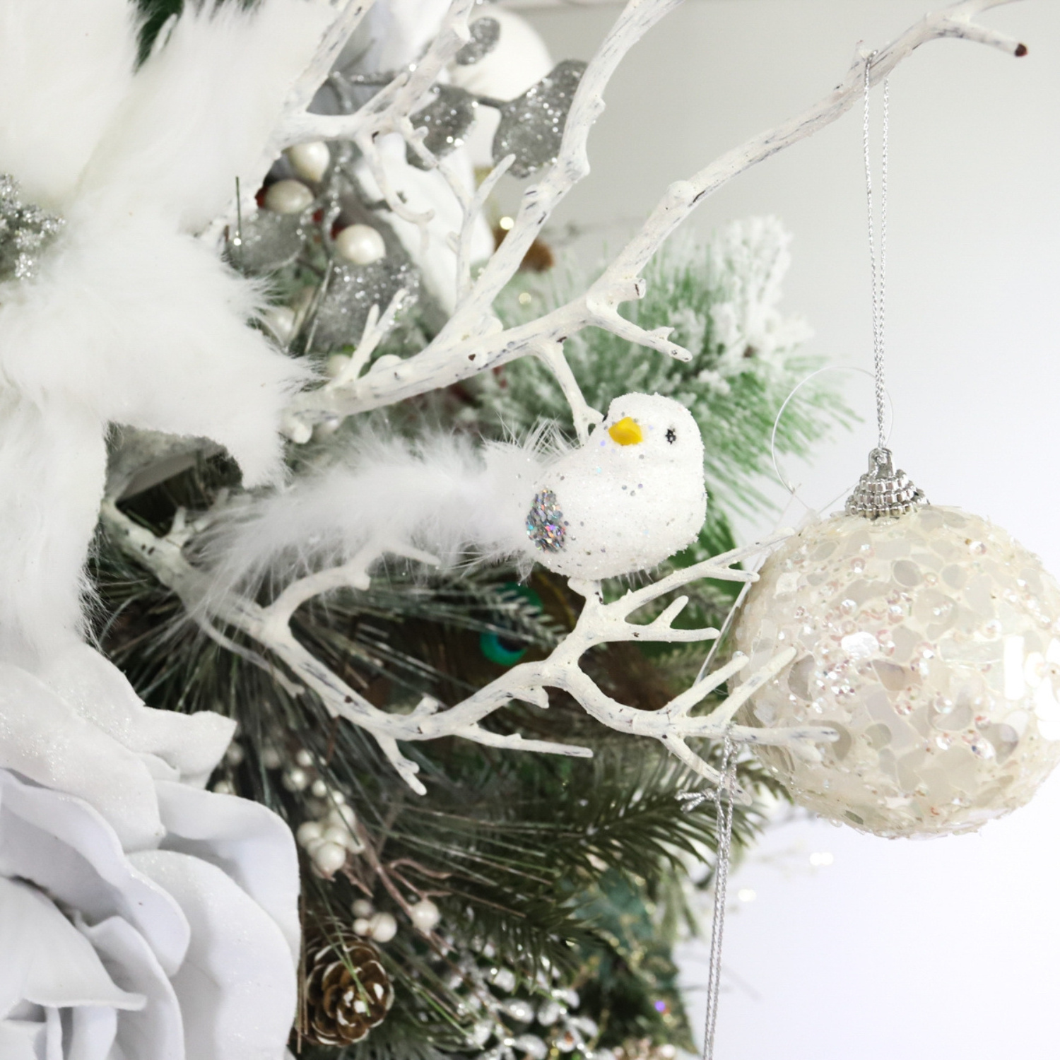 Navidad Artificial Christmas Decoration Glittered White Feather Bird Ornaments Christmas Decor