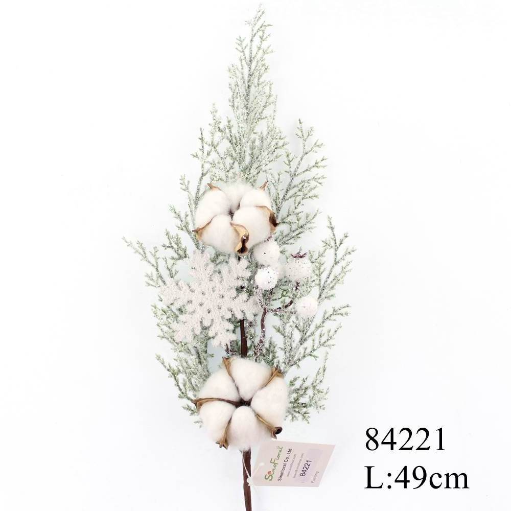 Frosty cedar & white berries cottons  Christmas floral Pick wholesale #84221