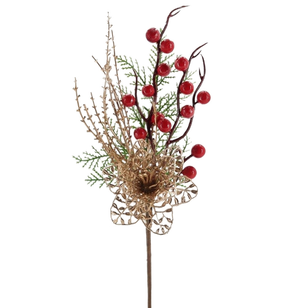 Hot Sale Christmas Decorations Artificial Golden Poinsettia with Red Berry and Cedar Christmas Tree Spray