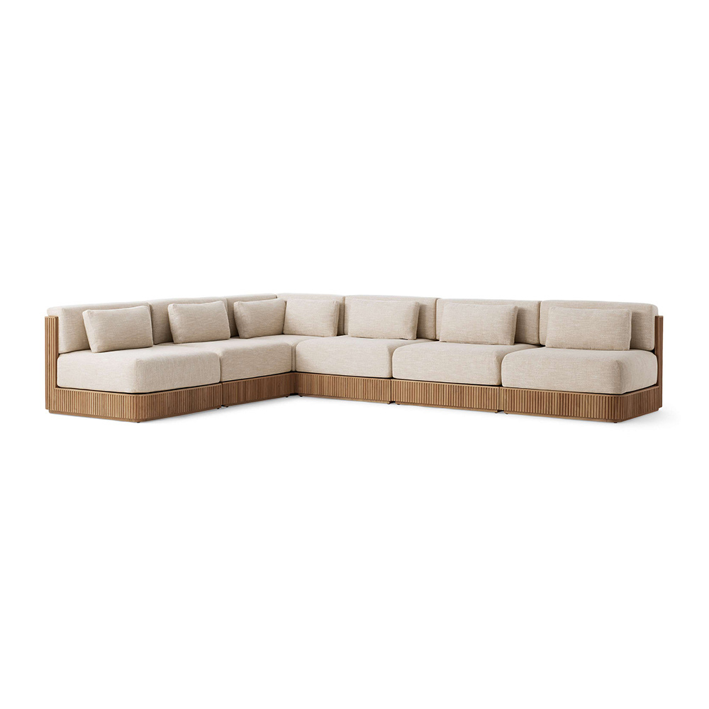 Luxury 6 Piece L Shape Outdoor Sectional Sofa With Cushion Natural Teak Wood Furniture for Patio Garden