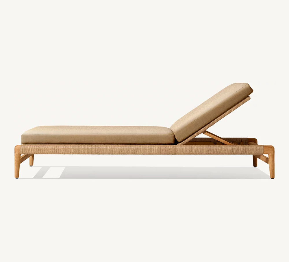 Hotel Modern Woven Rope Wooden Sunbed Outdoor Furniture Natural Teak Sun Lounger With Cushion