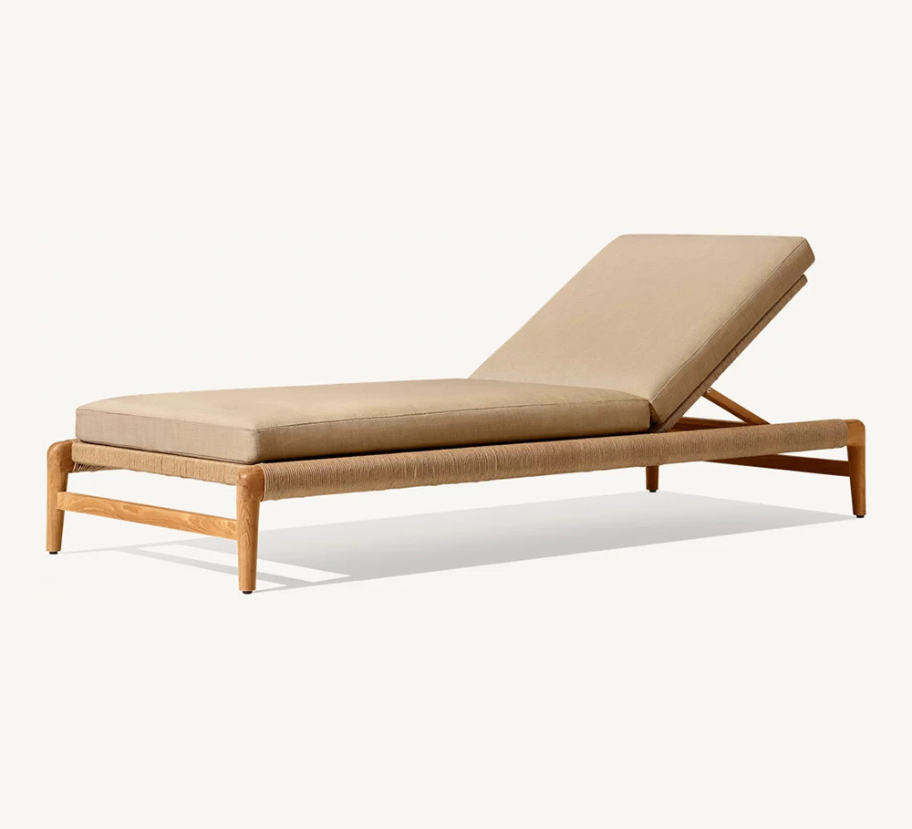 Hotel Modern Woven Rope Wooden Sunbed Outdoor Furniture Natural Teak Sun Lounger With Cushion