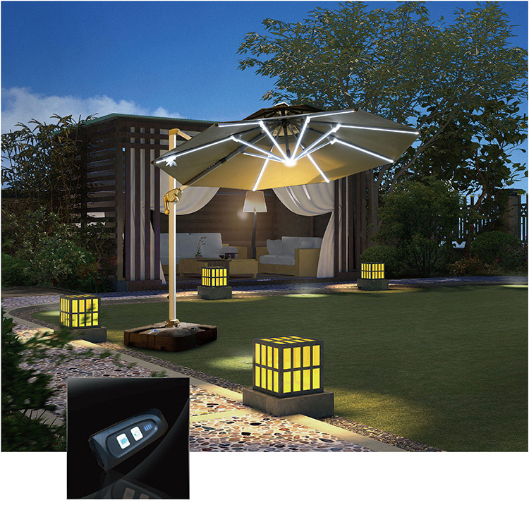 New Design Double Side Big Restaurant Umbrella Outdoor Parasol Cafe Solar Cantilever Umbrella with LED Light