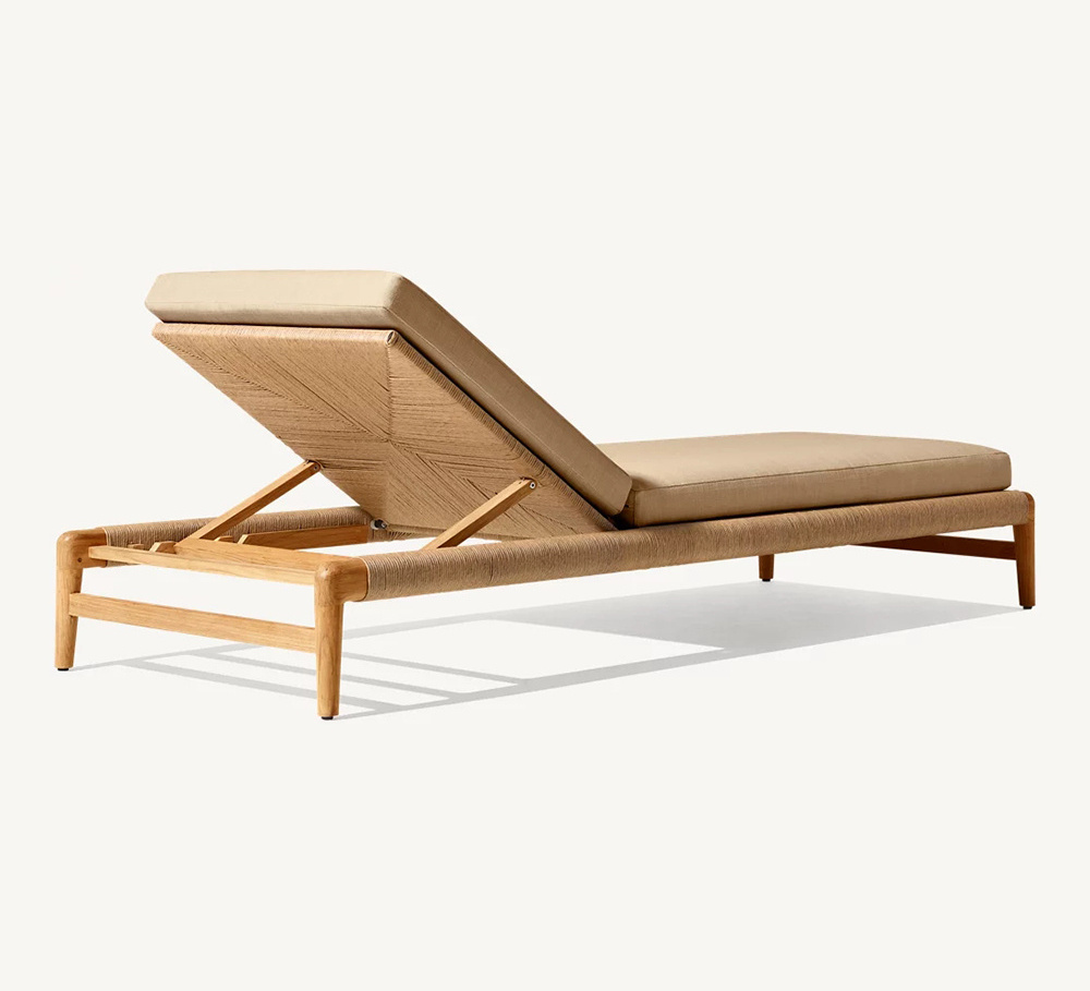 Hotel Modern Woven Rope Wooden Sunbed Outdoor Furniture Natural Teak Sun Lounger With Cushion