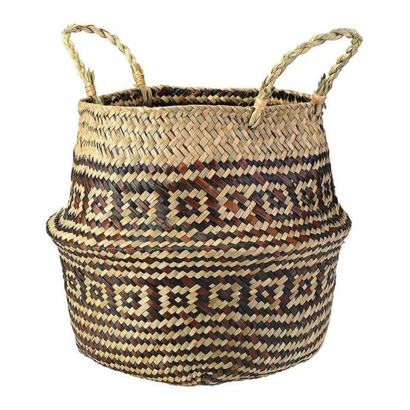 HBK foldable black patterned seagrass laundry rattan natural flower pot storage belly basket