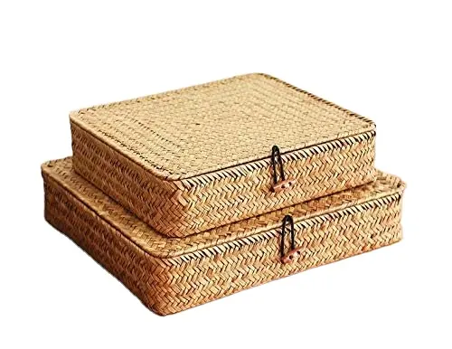 Paja hecha a mano Rattan Natural Seagrass Basket Boxes cajas de almacenamiento de contenedores cajas con tapa