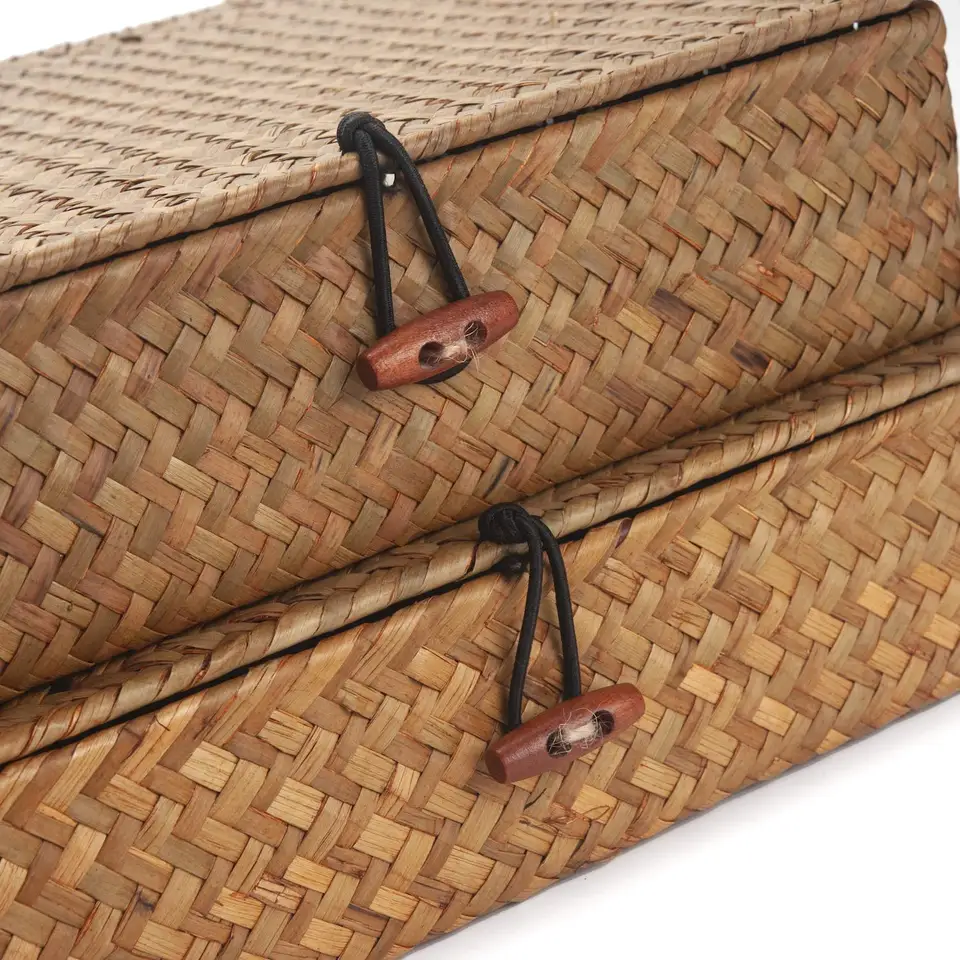 Paja hecha a mano Rattan Natural Seagrass Basket Boxes cajas de almacenamiento de contenedores cajas con tapa