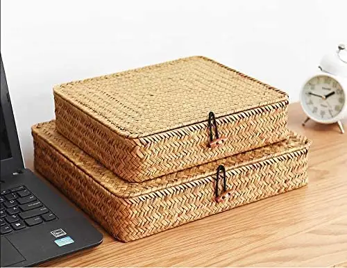 Paja hecha a mano Rattan Natural Seagrass Basket Boxes cajas de almacenamiento de contenedores cajas con tapa