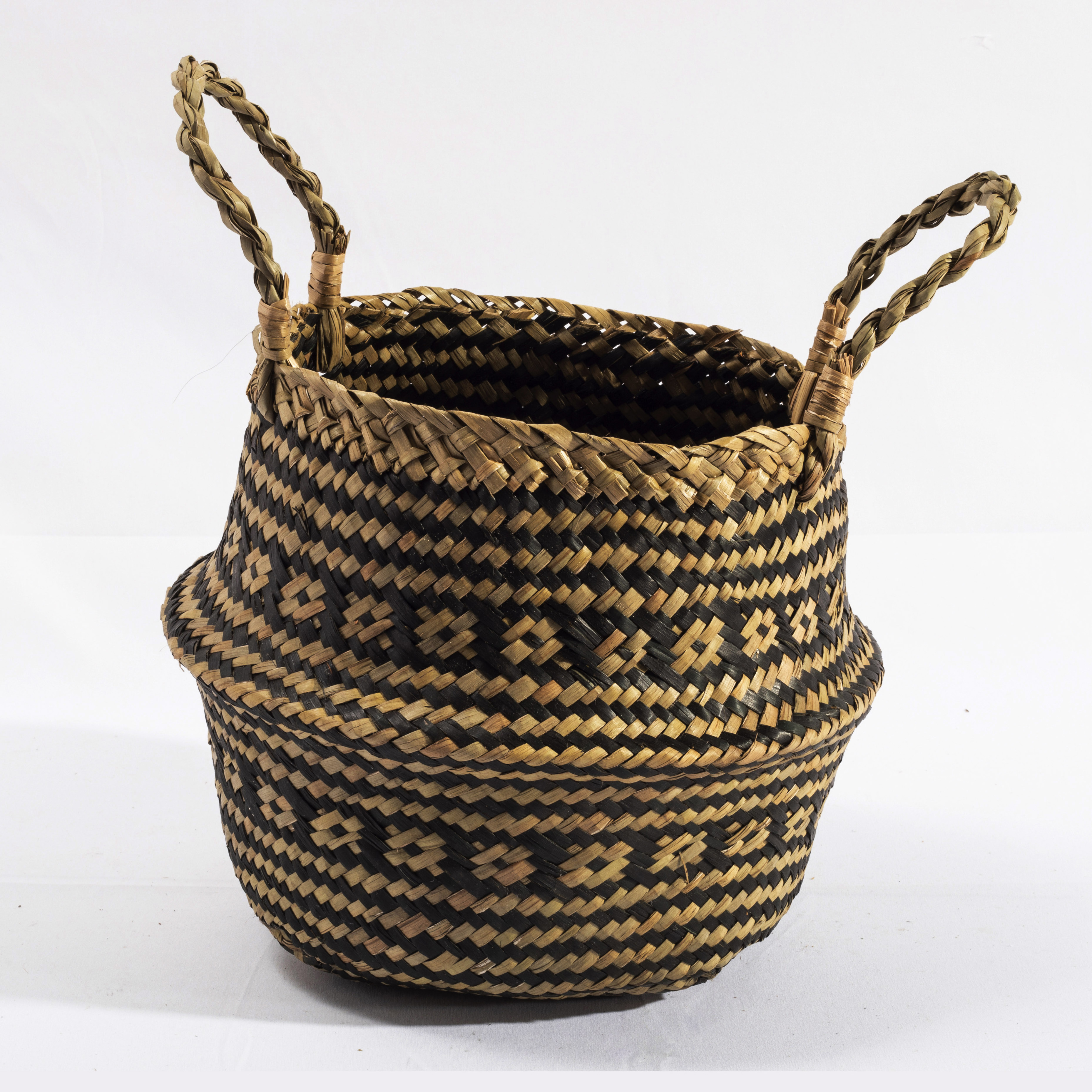 HBK foldable black patterned seagrass laundry rattan natural flower pot storage belly basket