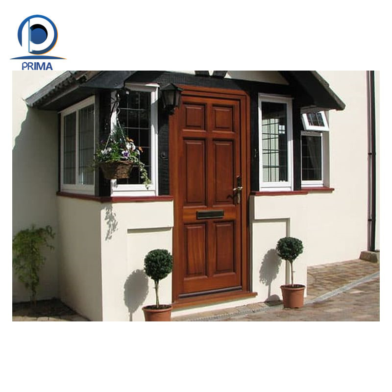 Prima Rustic Style Textured Glass Inserts French Door Design Wooden Frame Swing Entrance Shop Front Glass Wood Entry Doors