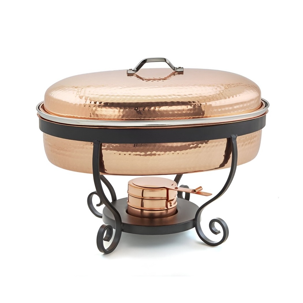 Oval Shape Copper Chafing Dish with Black Stand For Catering Serving Food Warmer Double Wall Hot Pot Pure Copper Chafing Dish