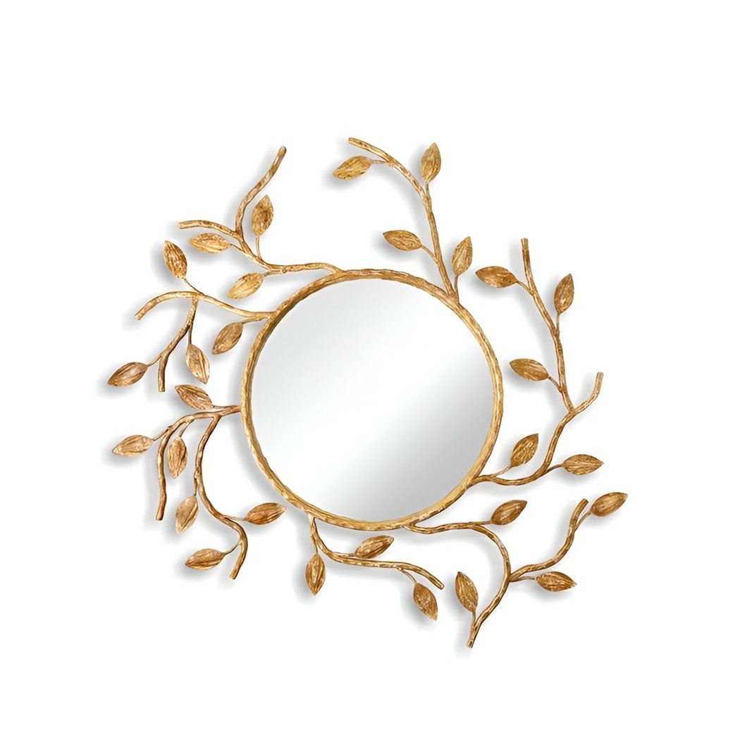 Best Quality Metal Round Shape With Leaf Wall Mirror For Home Bedroom Living Room Wall Decoration At Wholesale Price From India