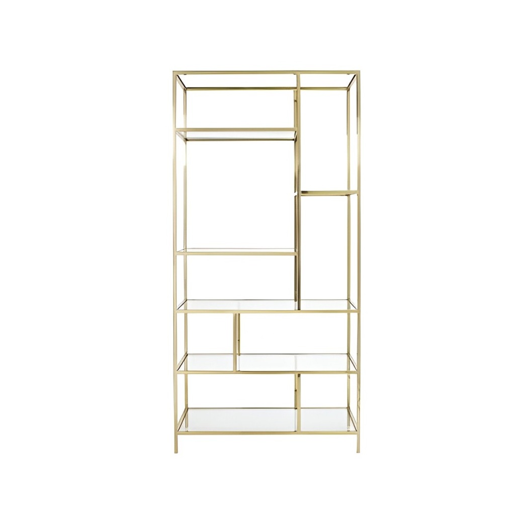 Glass Shelves Metal Cabinet For Holdings Books And Other Product Display Rack For Luxury Stores Golden Color Industrial Rack