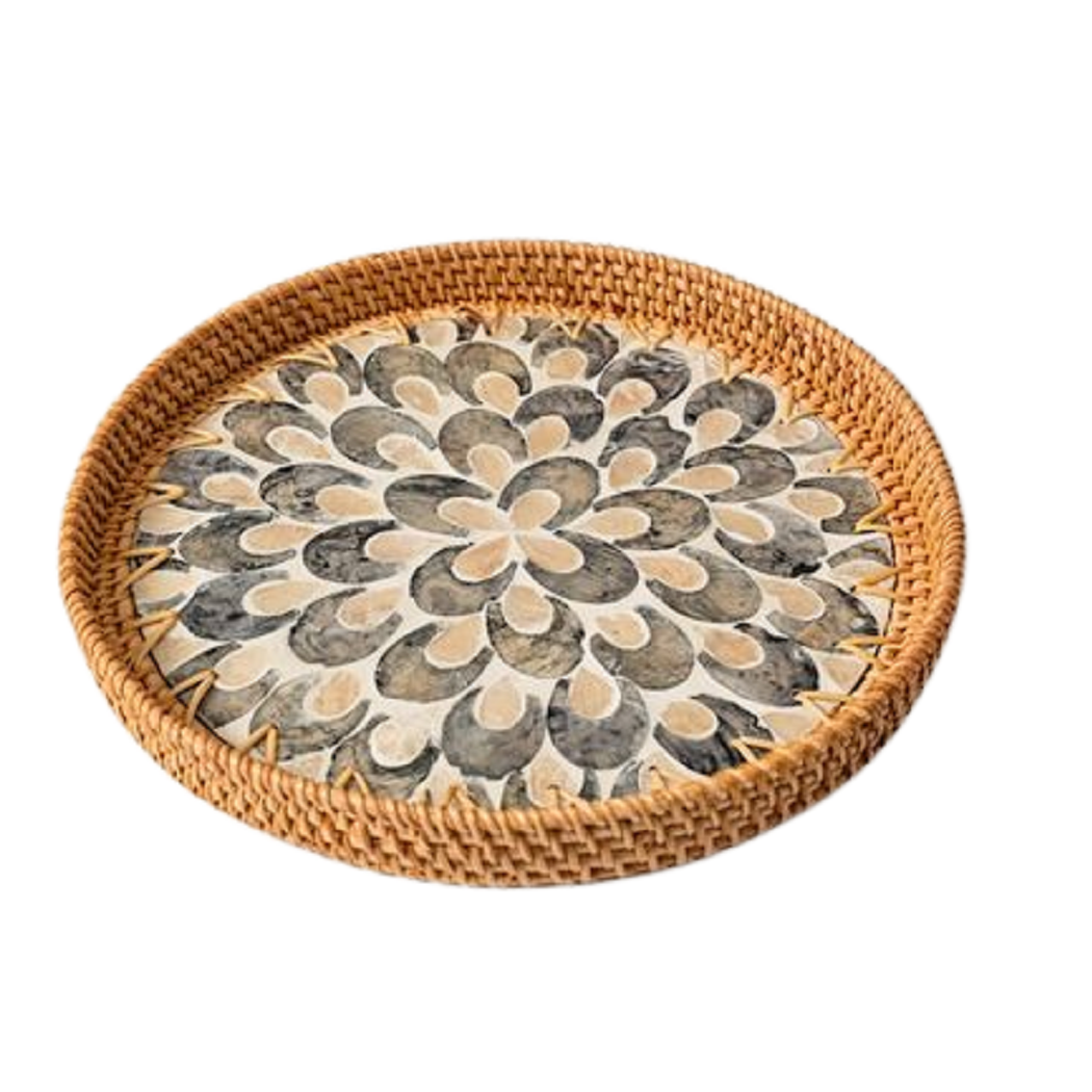 Bamboo Wickers Woven Tray Set With Handles Handprinted Enamel Designer Round Serving Tray Stylish Rattan Platter