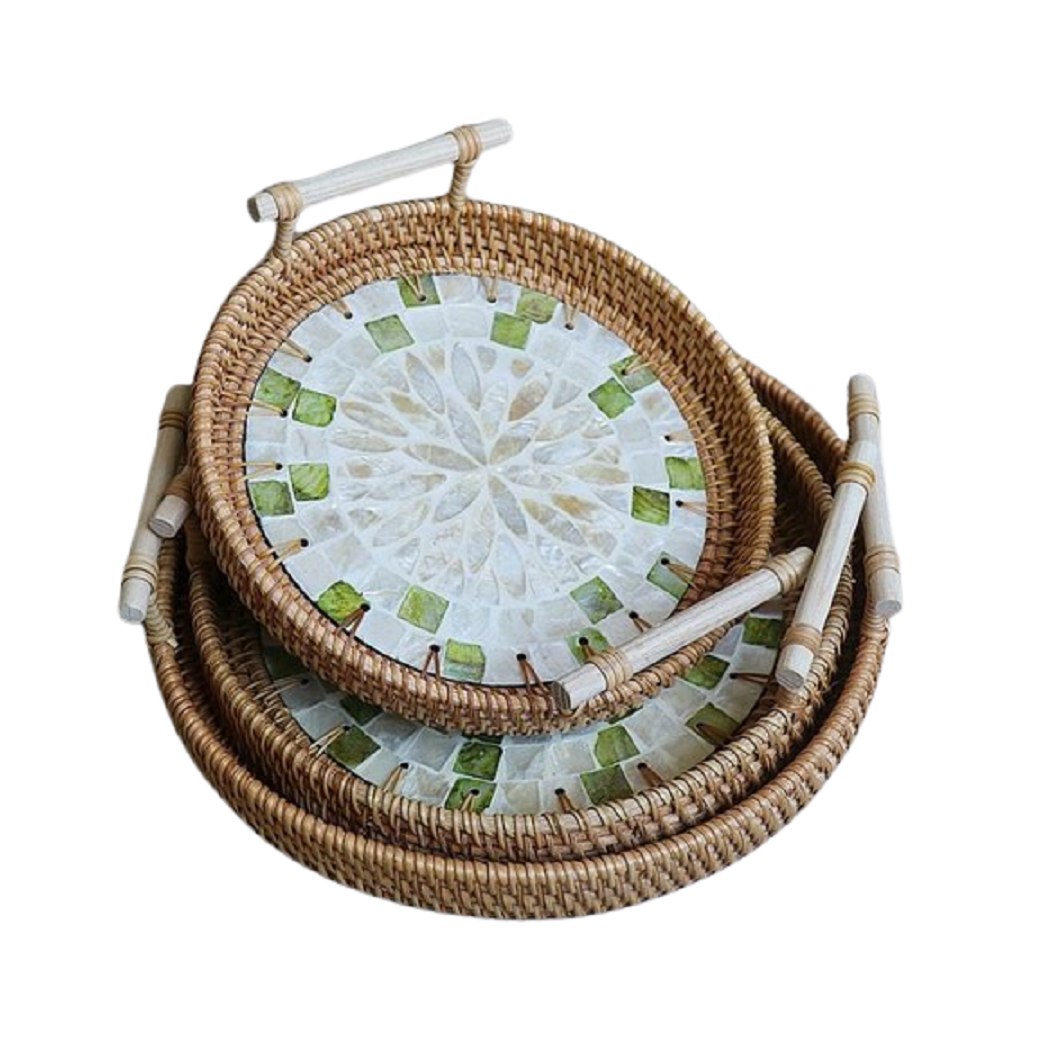 Bamboo Wickers Woven Tray Set With Handles Handprinted Enamel Designer Round Serving Tray Stylish Rattan Platter