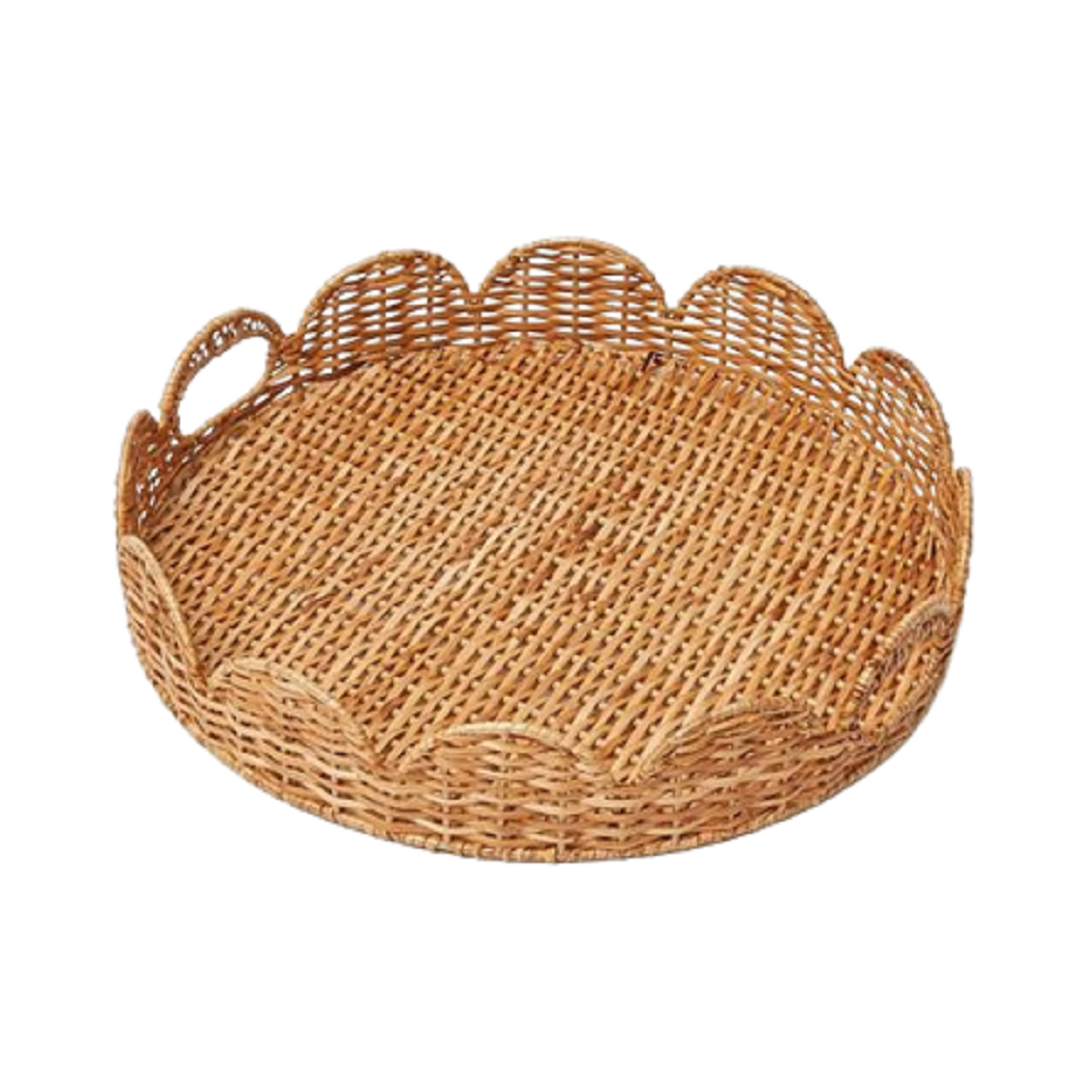 Bamboo Wickers Woven Tray Set With Handles Handprinted Enamel Designer Round Serving Tray Stylish Rattan Platter