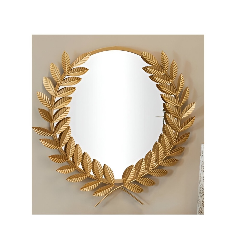 Best Quality Metal Round Shape With Leaf Wall Mirror For Home Bedroom Living Room Wall Decoration At Wholesale Price From India