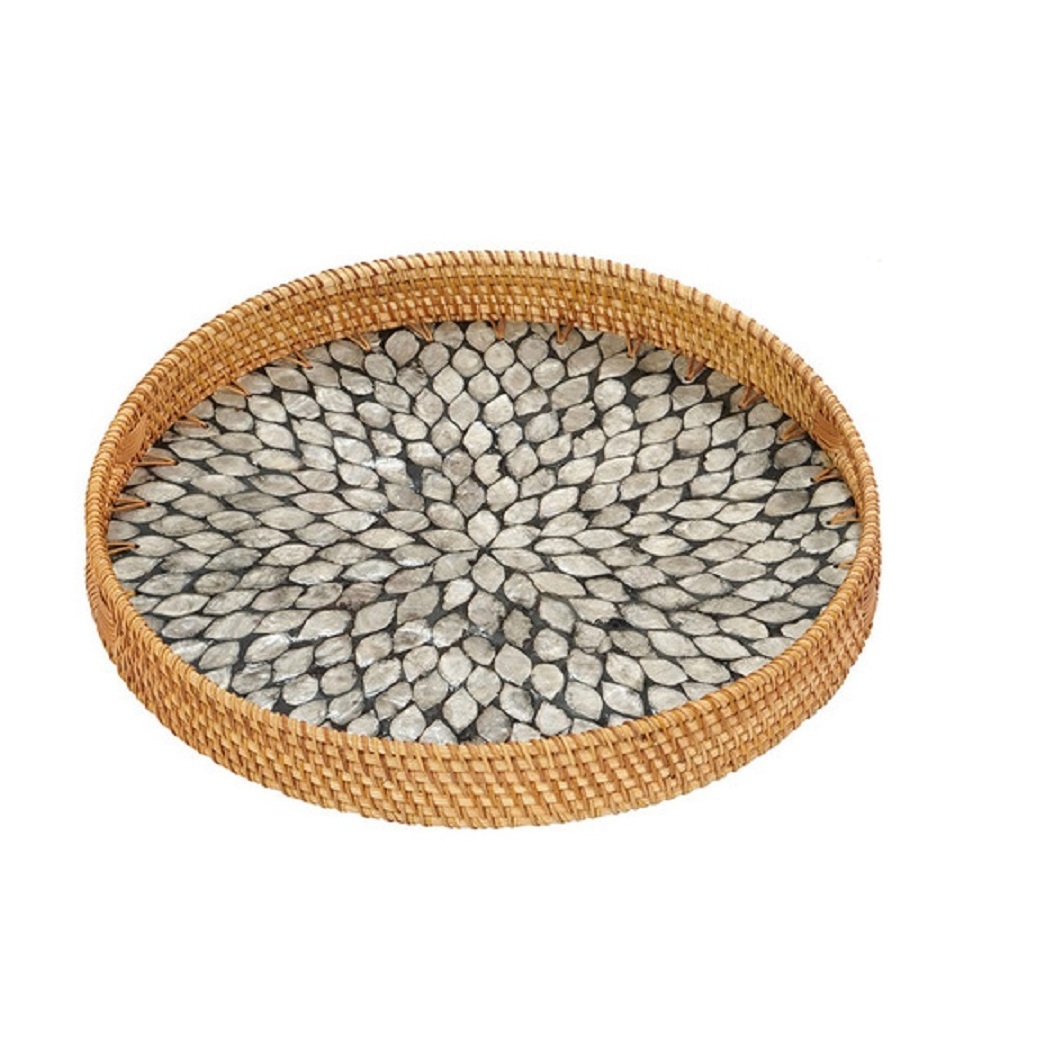 Bamboo Wickers Woven Tray Set With Handles Handprinted Enamel Designer Round Serving Tray Stylish Rattan Platter