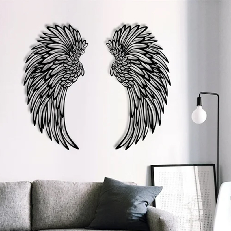 NISEVEN New Style Home Decor Wall Hangings Metal Hollow Art Work Double Sided Pendant Black Angel Wings With Led Light