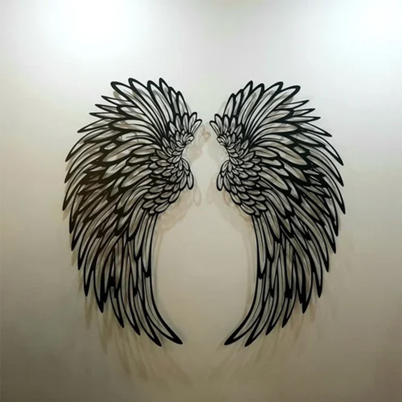 NISEVEN New Style Home Decor Wall Hangings Metal Hollow Art Work Double Sided Pendant Black Angel Wings With Led Light