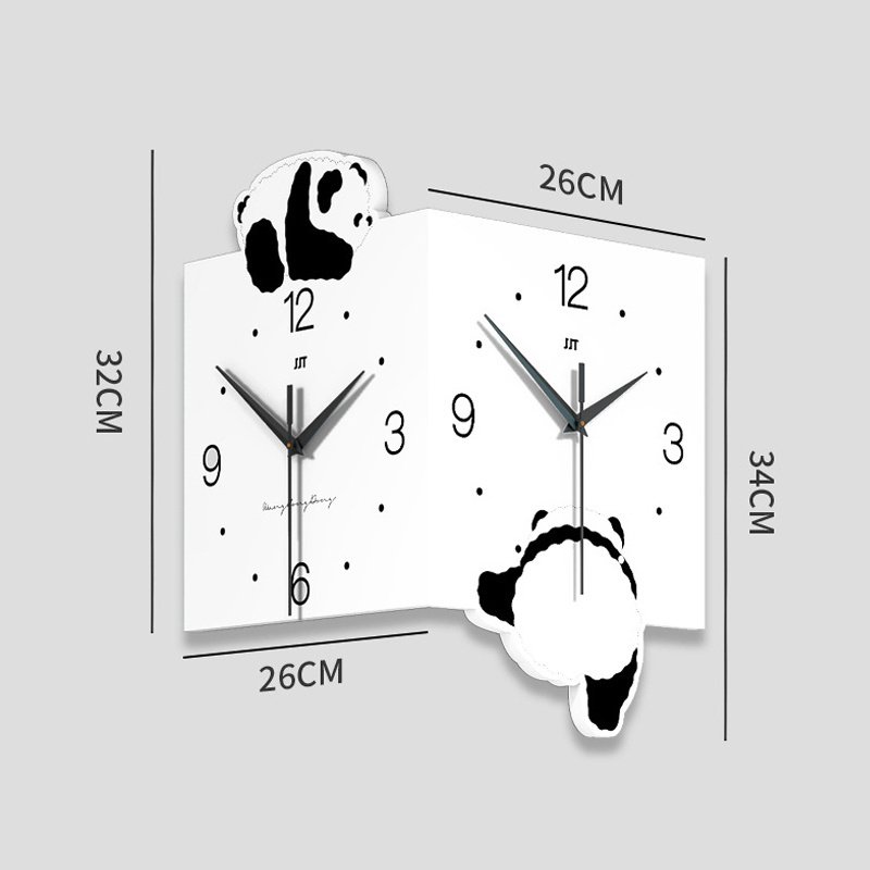 NISEVEN Living Room Fashion Decoration Art 3d Wall Clock Creative Panda Corner Double Sided Wall Clock With Light